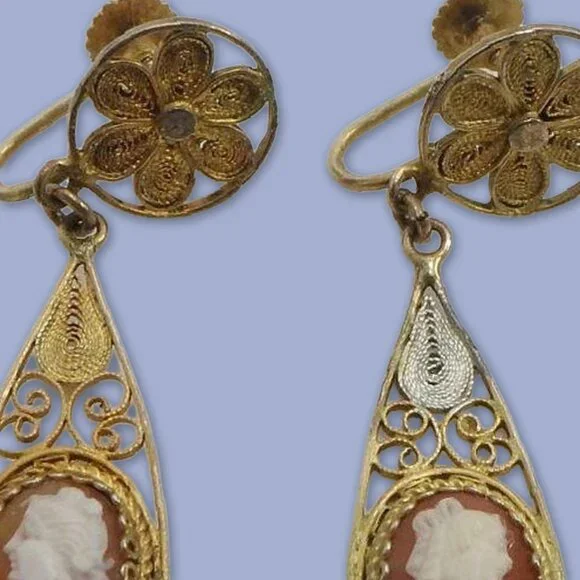 835 Silver Antique/Vintage Italian Carved Shell Cameo Earrings - Picture 11 of 11